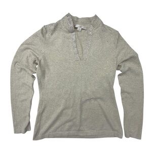 Boston Proper Women's Sz Small Jeweled RHINESTONE CRYSTALS V Neck Sweater Beige